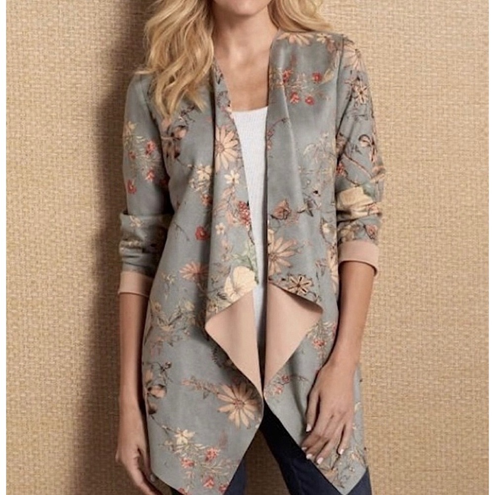 Soft Surroundings Floral Open Front Cardigan Jacket M Gray Faux Suede Poly Blend